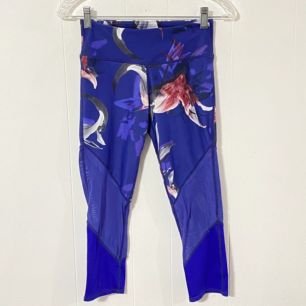 FABLETICS CAPRI XXS 0-2 Blue Floral Print POCKET Mesh Knees Leggings Pants